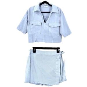 Denim on Denim Set Women's L Y2K Cropped Top Mini Skirt Skort Wrap Festival Blue